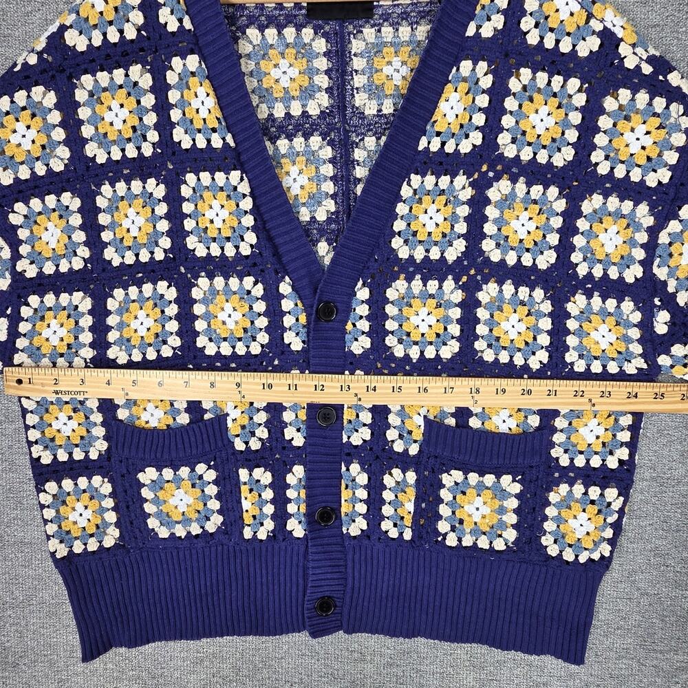 PACSUN ESTATE CROCHET CARDIGAN – MEN’S LARGE – BLUE/YELLOW/WHITE – 100% COTTON - Picture 7 of 11